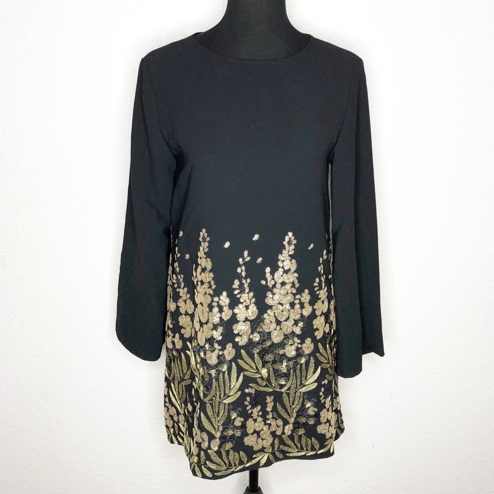 Zara black gold embroidered sequin mini dress size Small